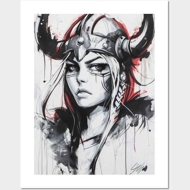 Black Ink Viking Woman Wall Art by Durro